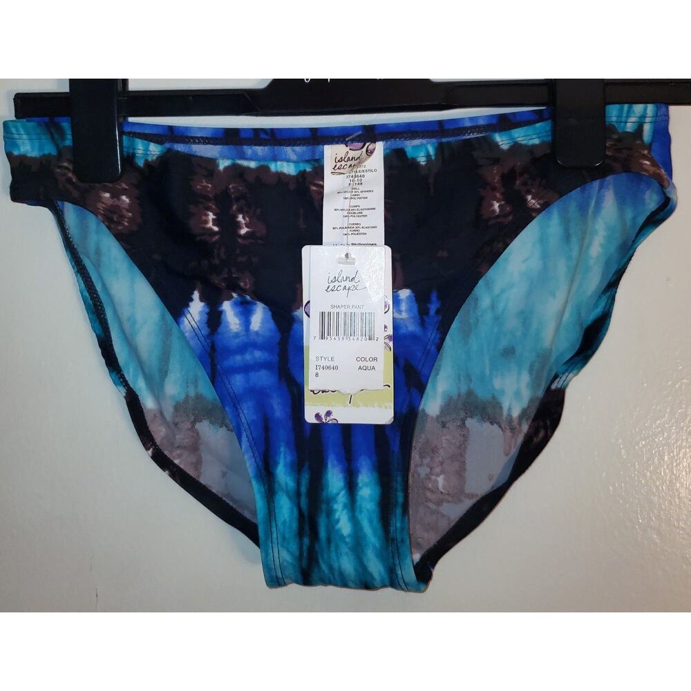 Island Escape Womens Blue Aqua Turquoise Tie Dye Swim Bikini Bottoms Small NEW